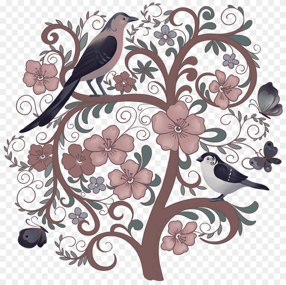 Birds On A Flowering Tree Clipart, Art, Floral Design, Graphics, Pattern Free Png
