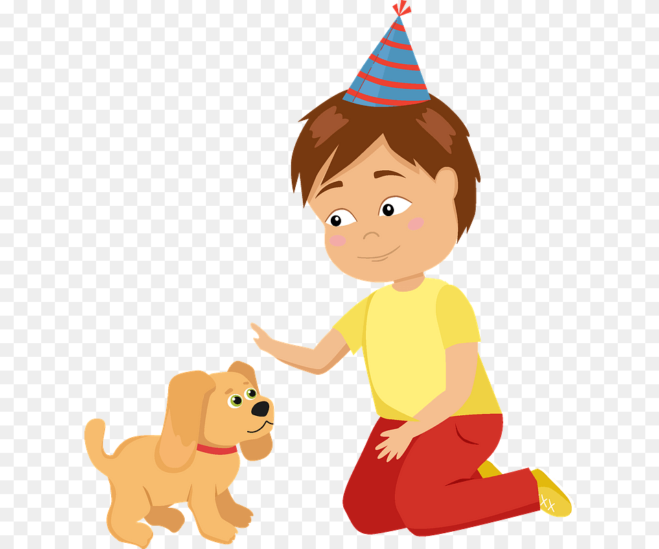 Birthday Boy With His New Puppy Clipart Cartoon, Hat, Clothing, Baby, Person Free Transparent Png