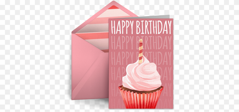 Birthday Cupcake Pink Card For Her Happy Cupcake, Cake, Cream, Dessert, Food Png Image