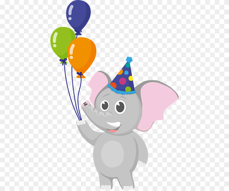 Birthday Party Elephant Clipart Birthday, Balloon, Clothing, Hat, Snowman Png