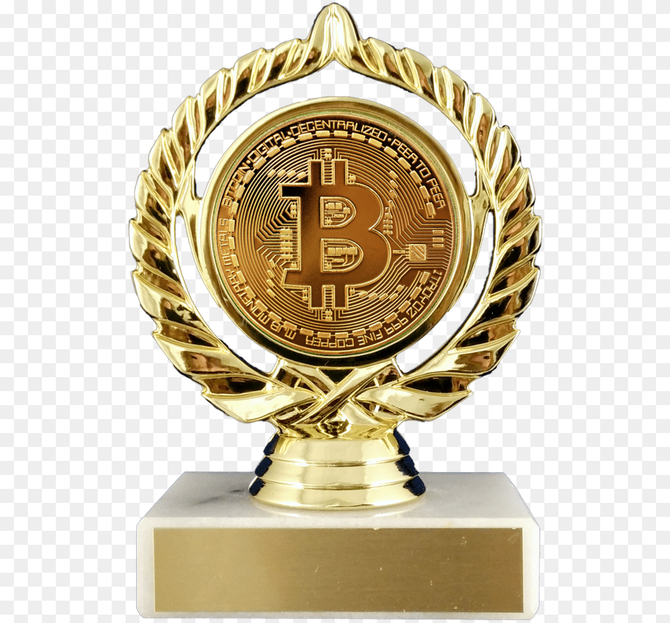 Bitcoin Logo Trophy On Flat White Marble Marble, Wristwatch, Gold Png Image