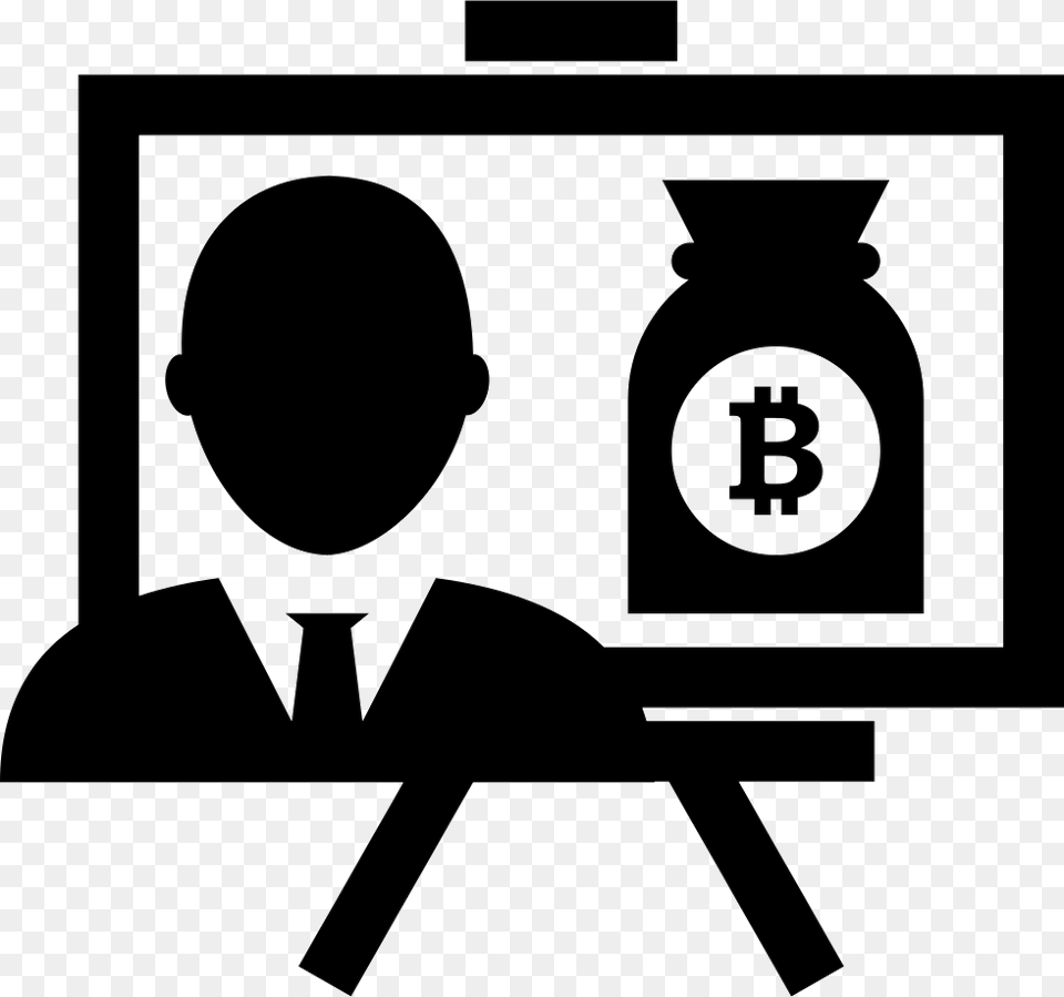 Bitcoin Presentation With Money Bag Symbol Comments Bitcoin, Stencil, Head, Person, Electronics Free Transparent Png