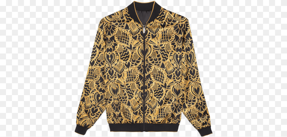 Black And Gold Zipped Bomber With Royal Pattern Cardigan, Clothing, Coat, Jacket, Blouse Free Transparent Png