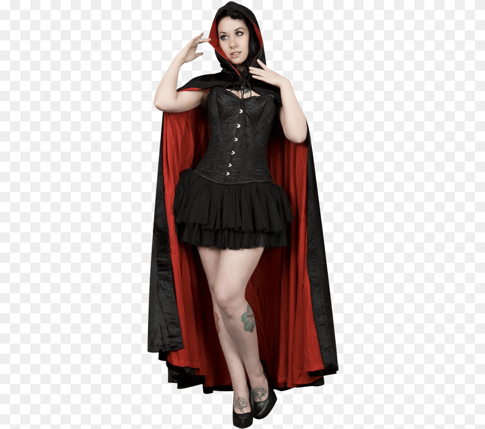 Black And Red Velvet Hooded Cape Cape, Adult, Skirt, Person, Female Png Image