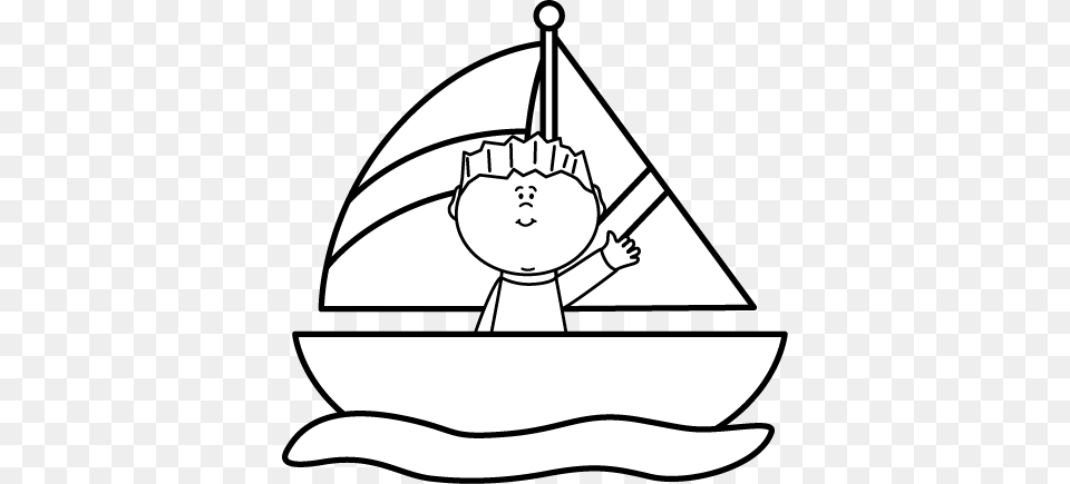 Black And White Boy In A Sailboat Digital Stampsclip Art, Stencil, Boat, Transportation, Vehicle Free Png