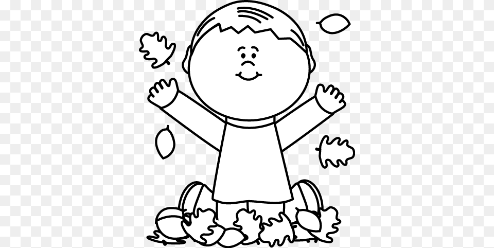 Black And White Boy Playing In Leaves Clip Art Fall Picture Black And White Clip Art, Baby, Person, Stencil, Face Free Transparent Png