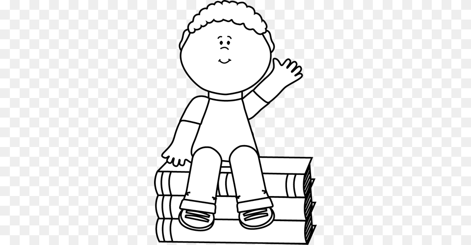 Black And White Boy Sitting On Books And Waving Clip Art, Drawing, Baby, Person, Face Png