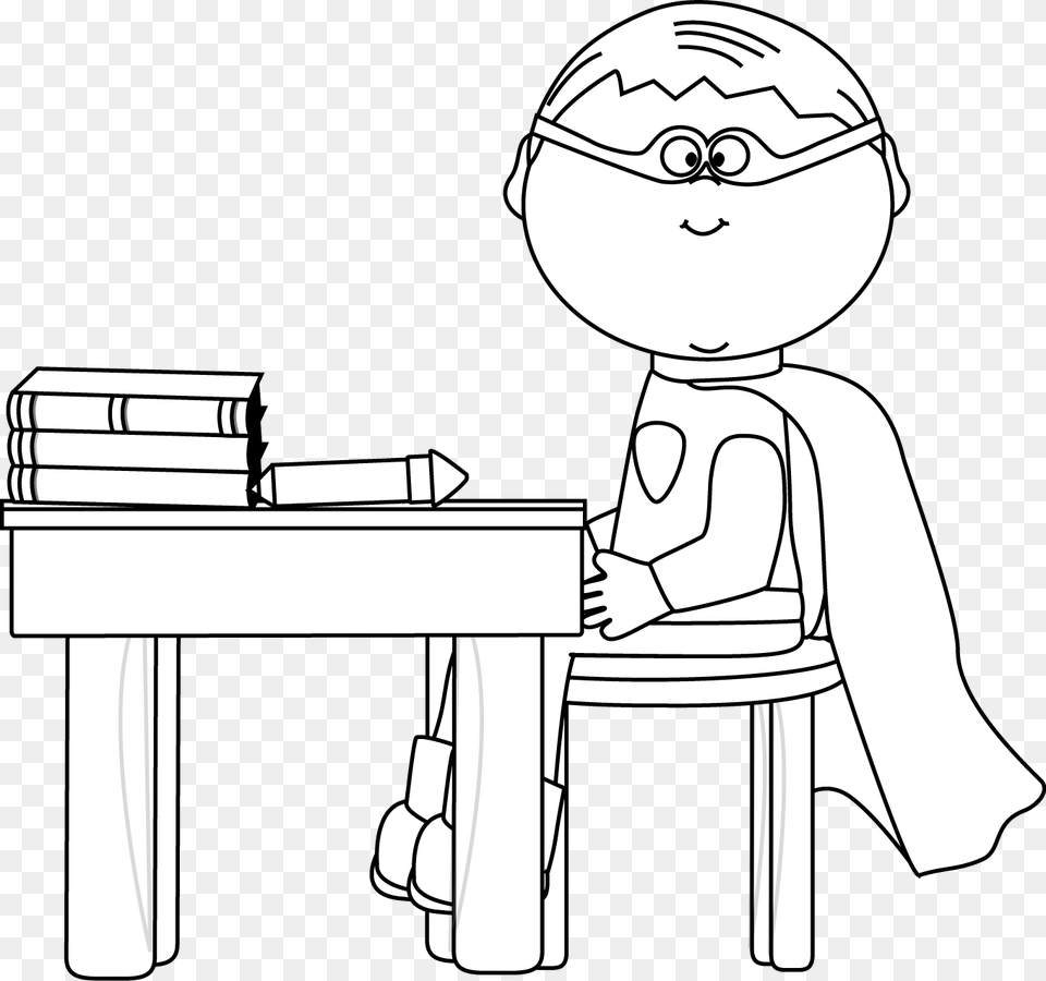 Black And White Boy Superhero At School Desk Black And White School Turtle Clipart, Publication, Book, Baby, Comics Free Transparent Png