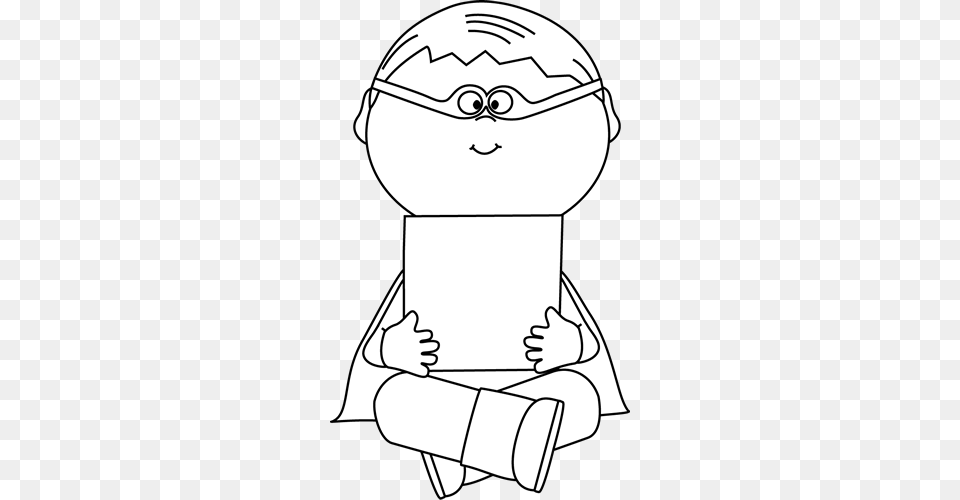 Black And White Boy Superhero Holding A Blank Sign Superhero Reading Clipart Black And White, Text, Art, Device, Drawing Free Png Download