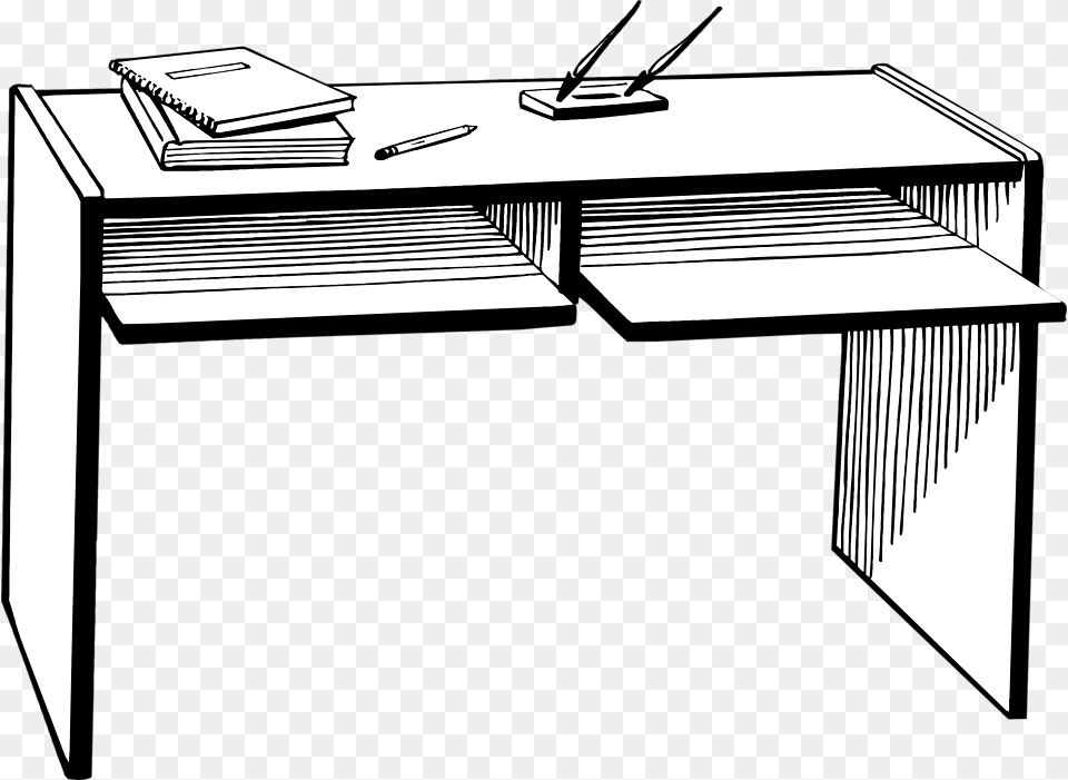 Black And White Clipart Of A Student Working, Desk, Furniture, Table, Computer Free Png