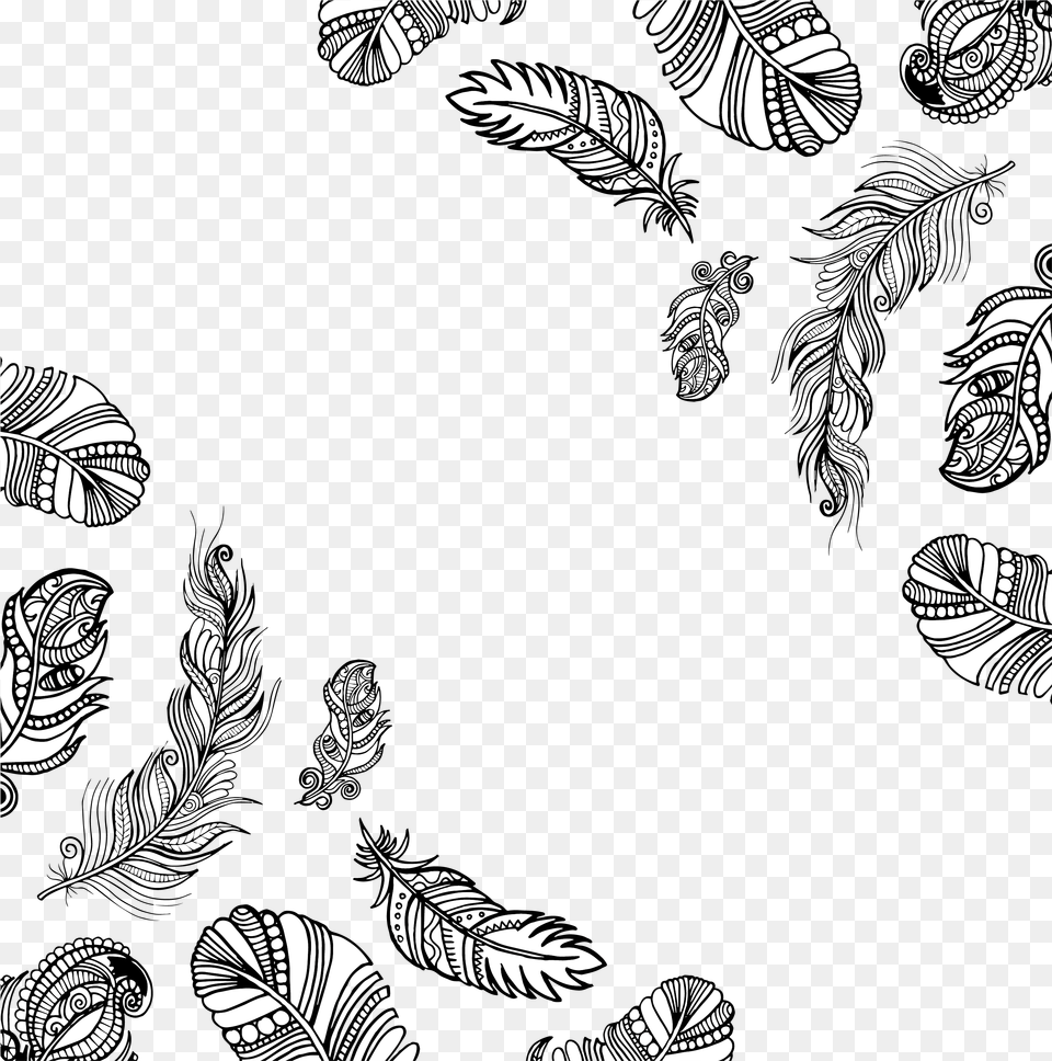 Black And White Feather Feather Border Black And White, Art, Floral Design, Graphics, Pattern Free Png Download