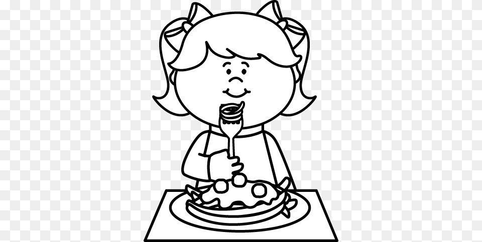 Black And White Kid Eating Spaghetti Coloring Clip Art Black And White Eat, Stencil, Person, People, Fork Png Image