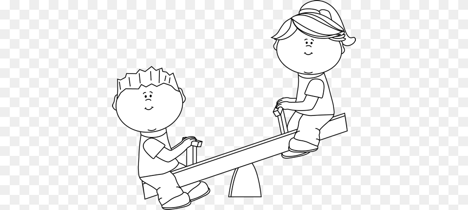 Black And White Kids On A Seesaw Line Art See Saw, Toy, Baby, Person, Face Free Png