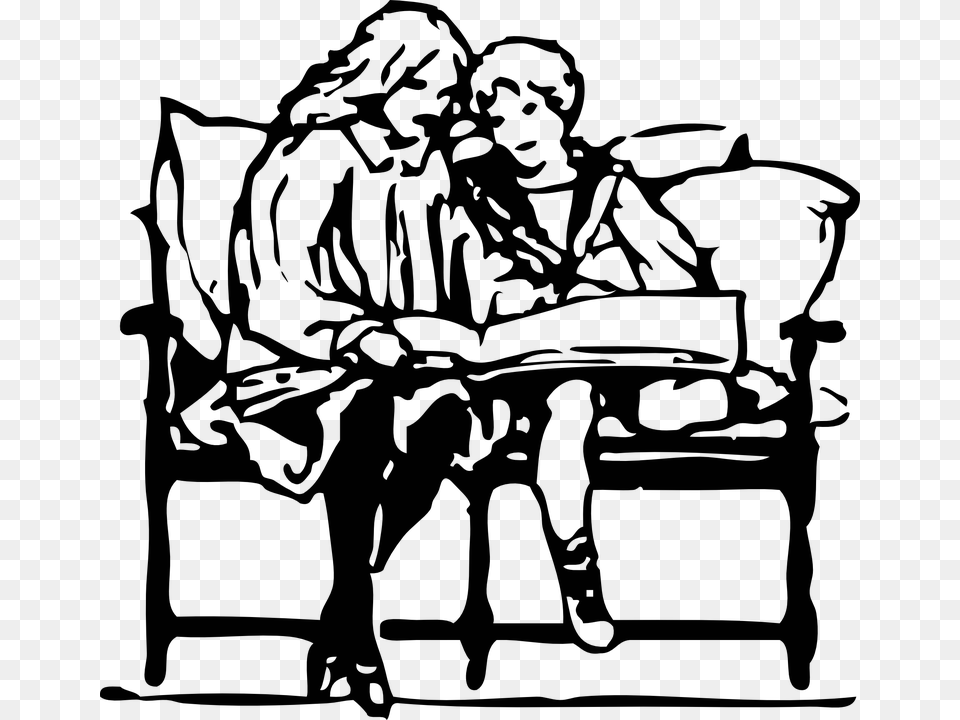 Black And White Mom Child Mother Kid Son Reading Read Clipart Black And White, Silhouette, Art, Drawing Free Png Download