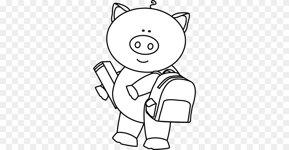 Black And White Pig Going To School Clip Art Black Clip Art Pig Roller Skates, Drawing, Nature, Outdoors, Snow Png Image