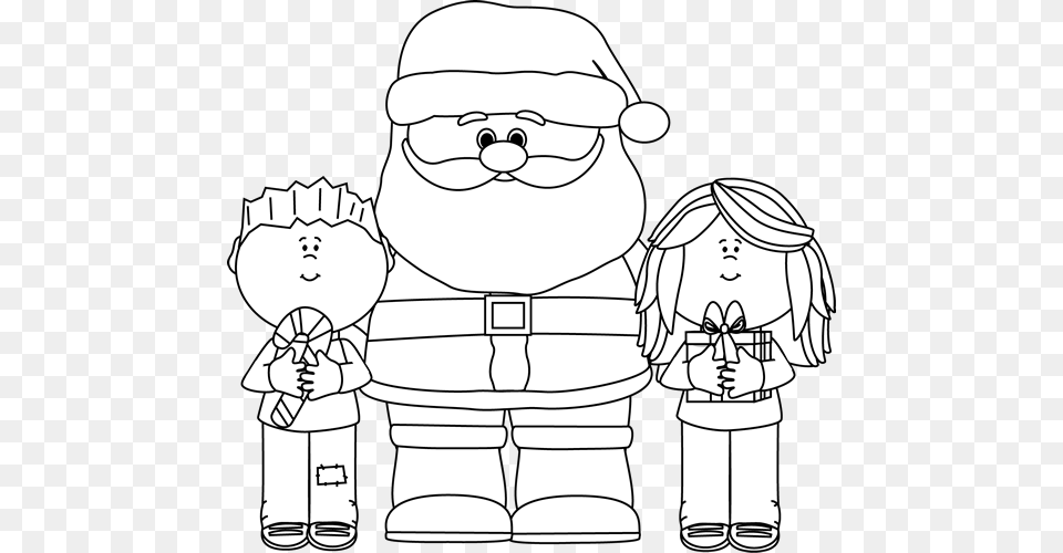 Black And White Santa With Kids Between Black And White Clip Art, Drawing, Cutlery, Baby, Person Free Transparent Png