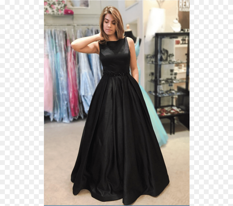 Black Beading Prom Dress Bateau Neck A Line Satin Black Prom Dress With Pockets, Formal Wear, Clothing, Evening Dress, Fashion Free Png Download