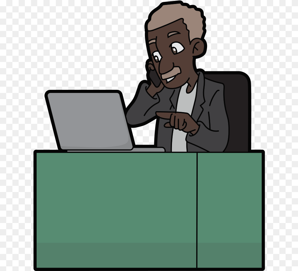 Black Business Man On The Phone And Computer Cartoon Cartoon, Electronics, Laptop, Pc, Baby Png Image