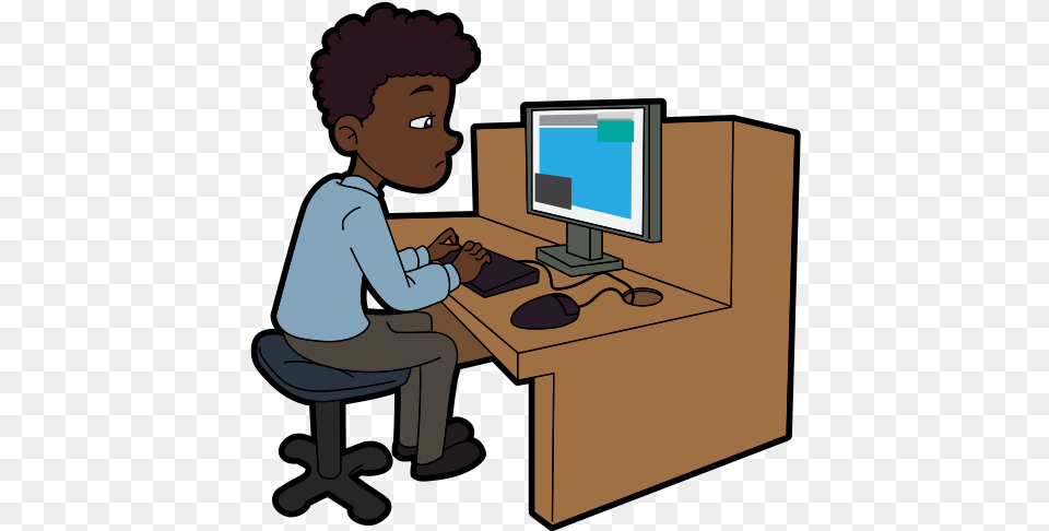 Black Cartoon Male Using A Desktop Computer At Work Male On Computer Cartoon, Table, Furniture, Desk, Electronics Png