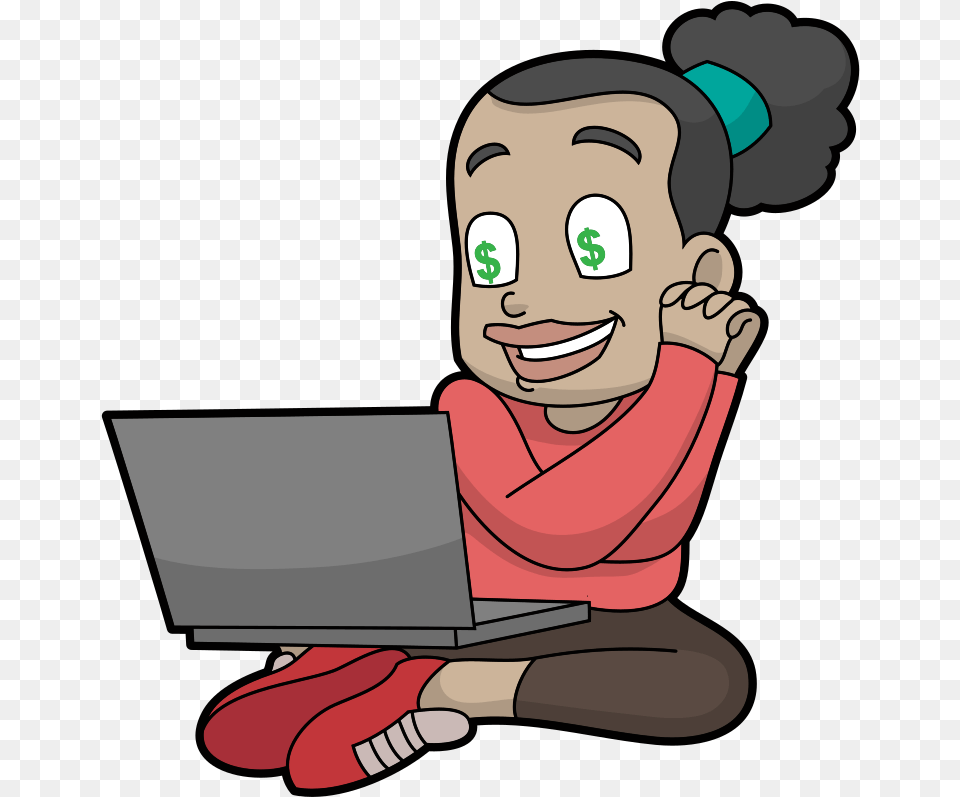 Black Cartoon Woman Loves Making Money Online Clipart Earn Money Cartoon, Computer, Electronics, Laptop, Pc Png