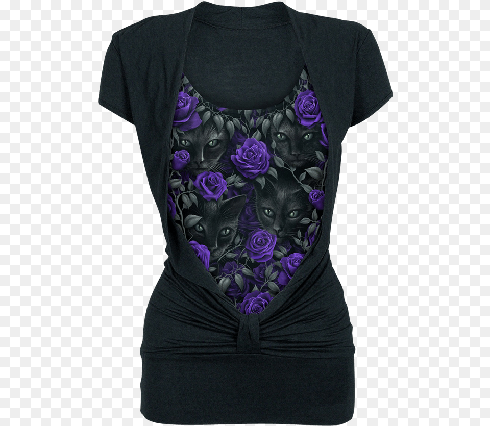 Black Cat And Purple Rose Knotted Top Tielko Dmska, Graphics, Art, Blouse, T-shirt Free Transparent Png