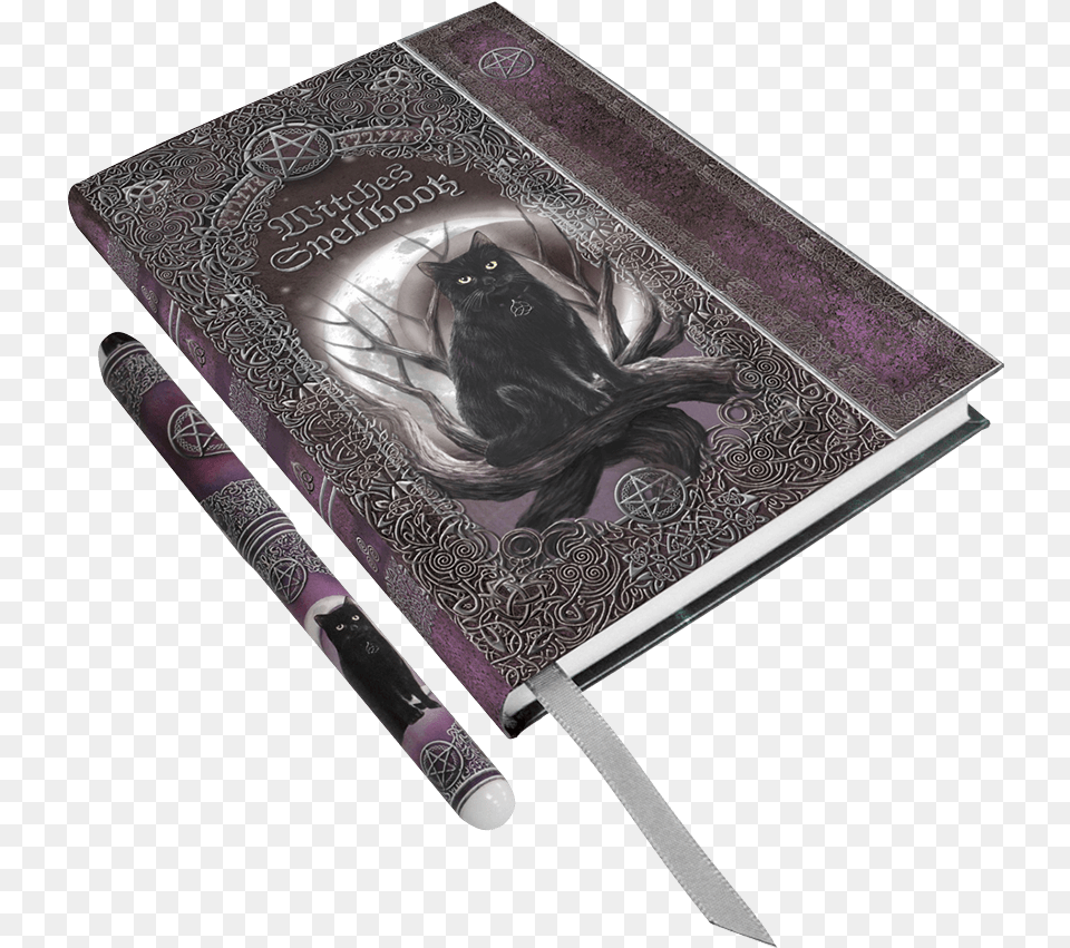 Black Cat Embossed Spell Book With Pen Incantation, Publication, Diary, Blade, Dagger Png