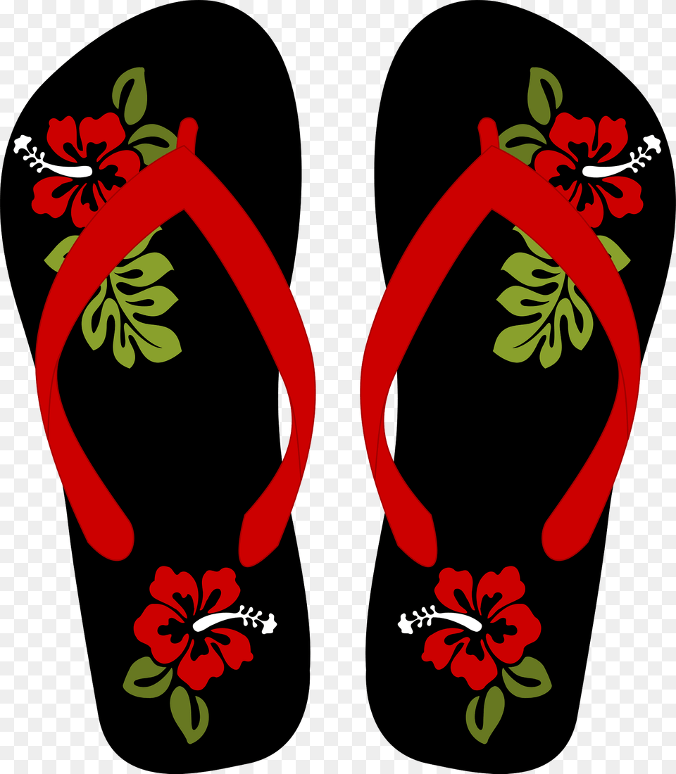 Black Flip Flops With Red Flowers And Red Straps Clipart, Clothing, Flip-flop, Footwear Free Png