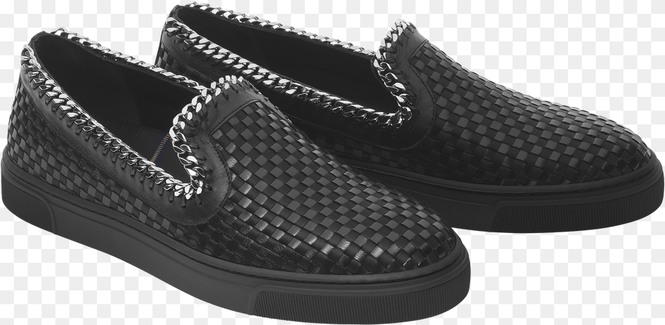 Black Interlaced Slip On Sneakers With Metal Chain Slip On Shoe, Clothing, Footwear, Sneaker, Woven Png Image