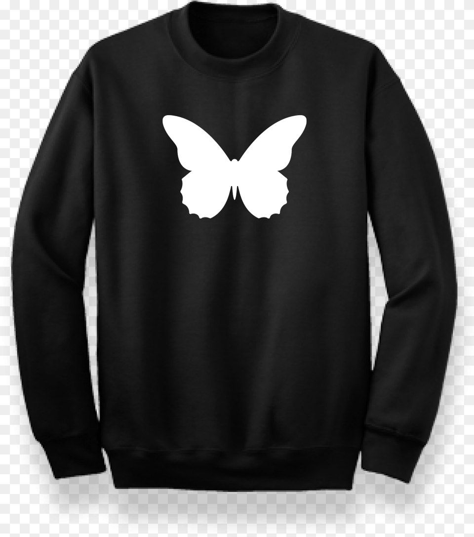 Black Jumper With White Butterfly Print Black T Shirt With Butterfly Print, Clothing, Hoodie, Knitwear, Long Sleeve Free Transparent Png