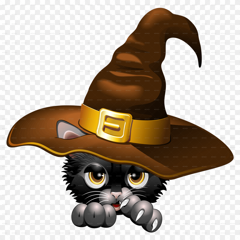 Black Kitten Cartoon With Witch Hat Halloween Witch Hat Clipart, Clothing, Cowboy Hat, Adult, Female Free Png Download