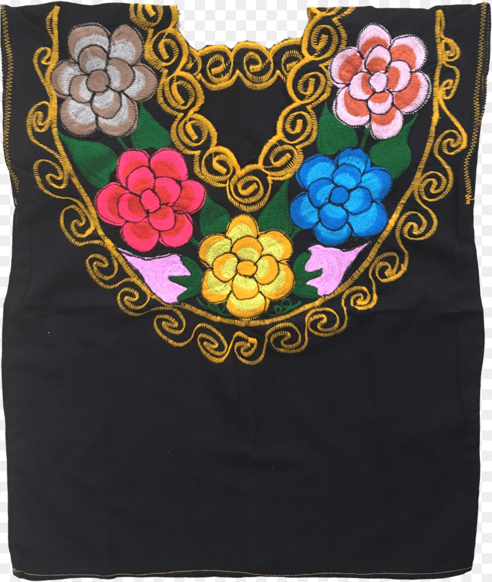 Black Mexican Blouse W Flowers Embroidered Linens, Applique, Art, Clothing, Embroidery Png