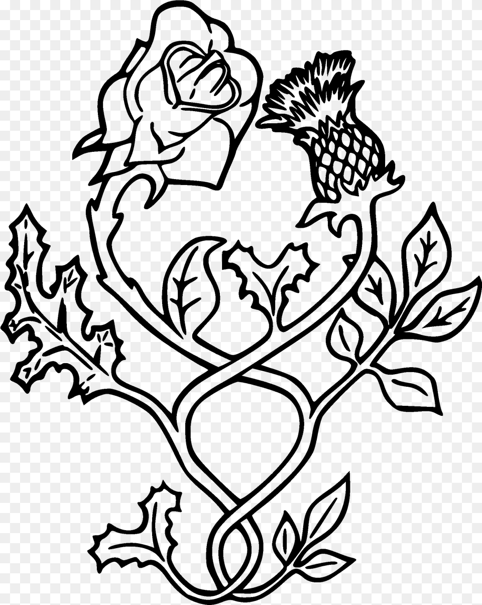 Black Outline Thistle With Rose Tattoo Stencil Rose And Thistle Vector, Gray Png Image