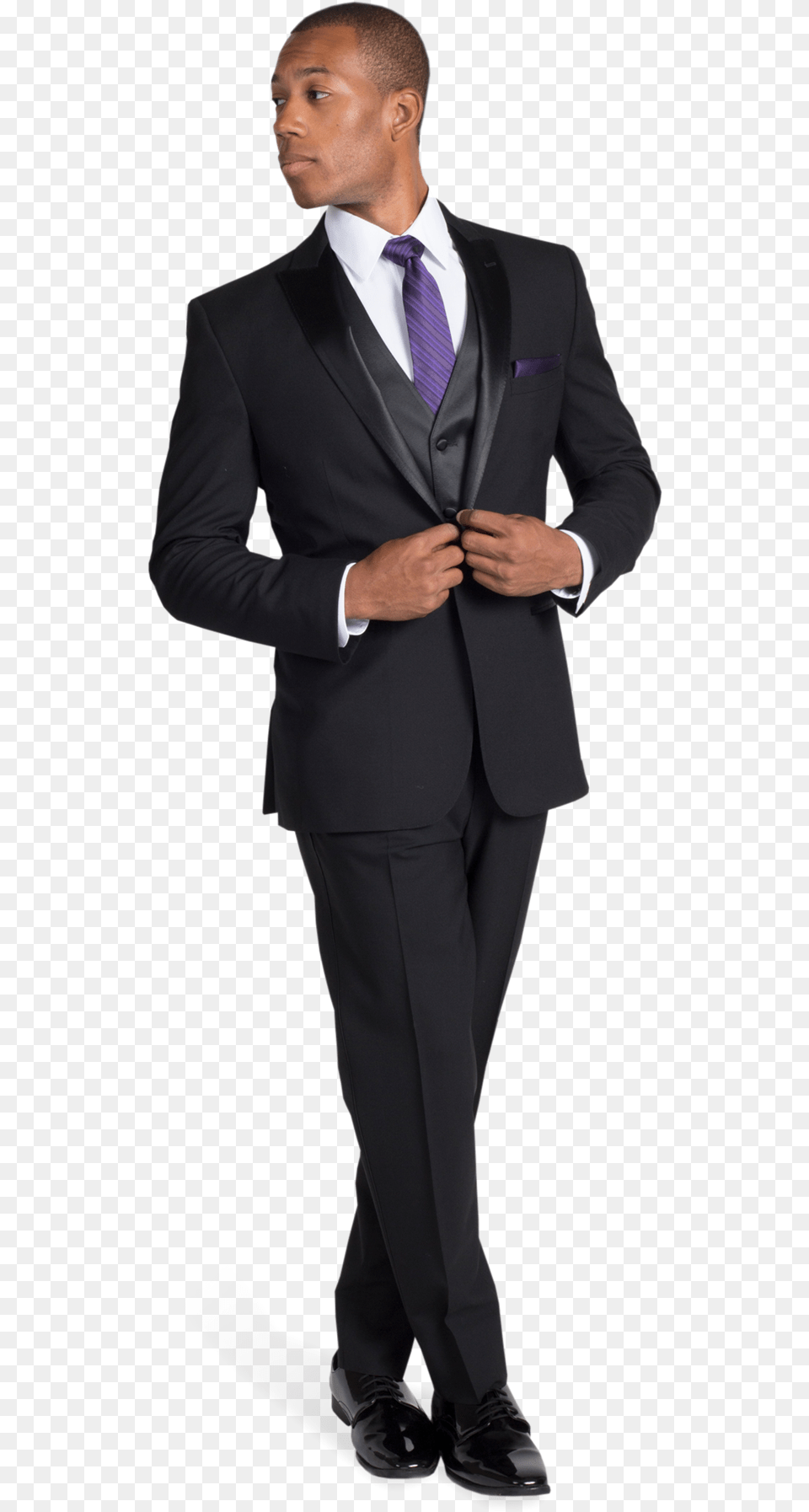 Black Peak Lapel Tuxedo With Purple Tie Black Tuxedo With Purple, Formal Wear, Suit, Clothing, Adult Free Png Download