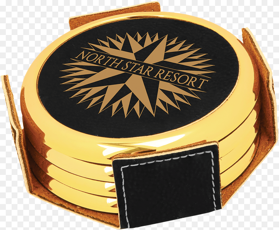 Black Round Coaster Set Gold Border With Custom Laser Engraving Drink Coaster, Wristwatch Free Png