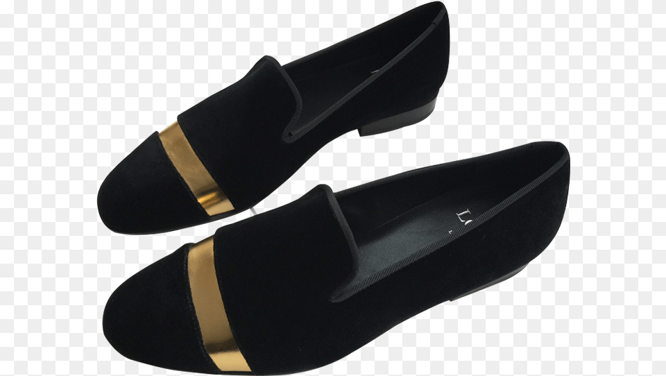 Black Velvet And Gold Toe Cap Divider Shoe, Clothing, Footwear, Sneaker Png Image