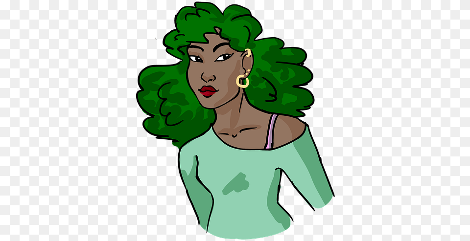 Black Woman Black Lady Green Hair Fashion Lady Cartoon, Accessories, Person, Neck, Jewelry Png