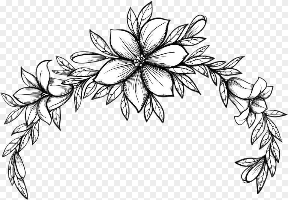Blackandwhite Lineart Outline Flowers Floral Flowercrown Drawing Of Leaves And Flowers, Art, Floral Design, Graphics, Pattern Free Transparent Png