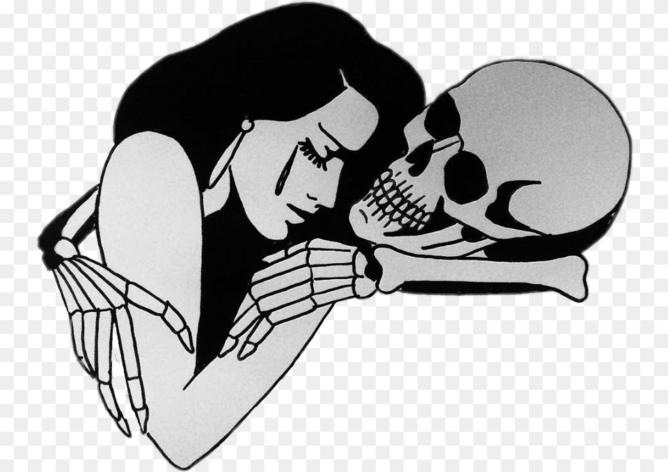 Blackandwhite Tumblr Squeletton Love Cry Sticker Skeleton And Girl Crying, Stencil, Person, Art, Face Png Image