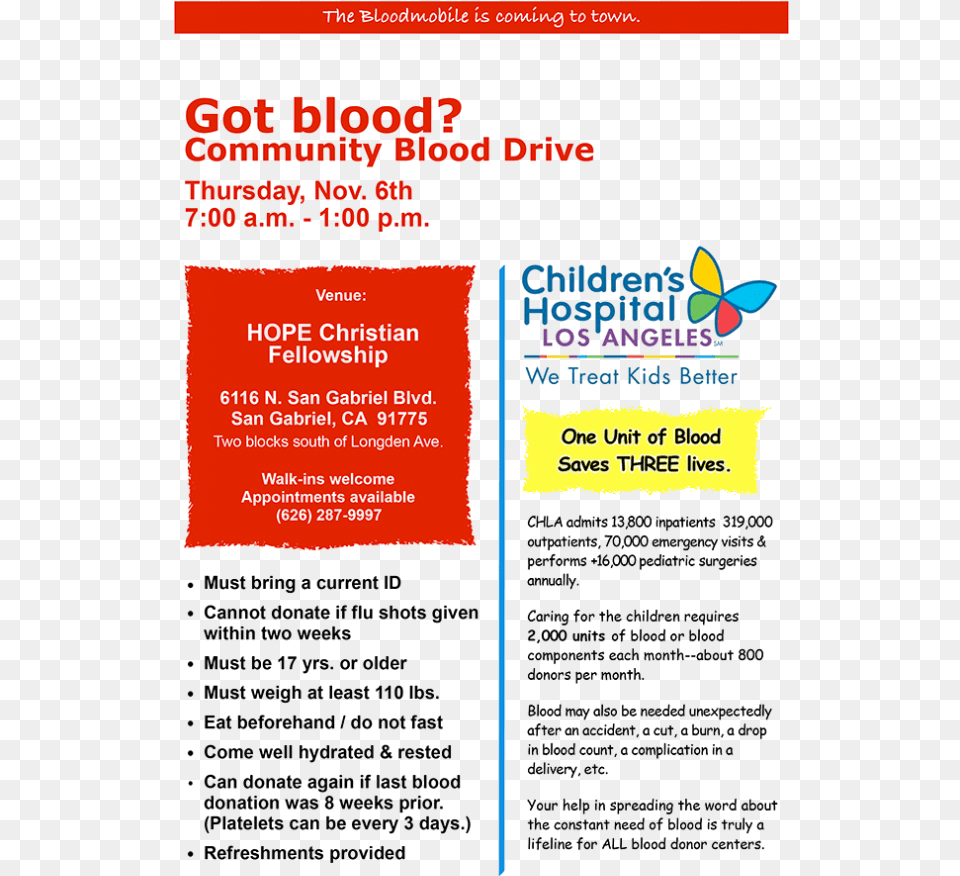 Blood Drive Children39s Hospital Los Angeles, Advertisement, Poster, Text, Menu Png Image