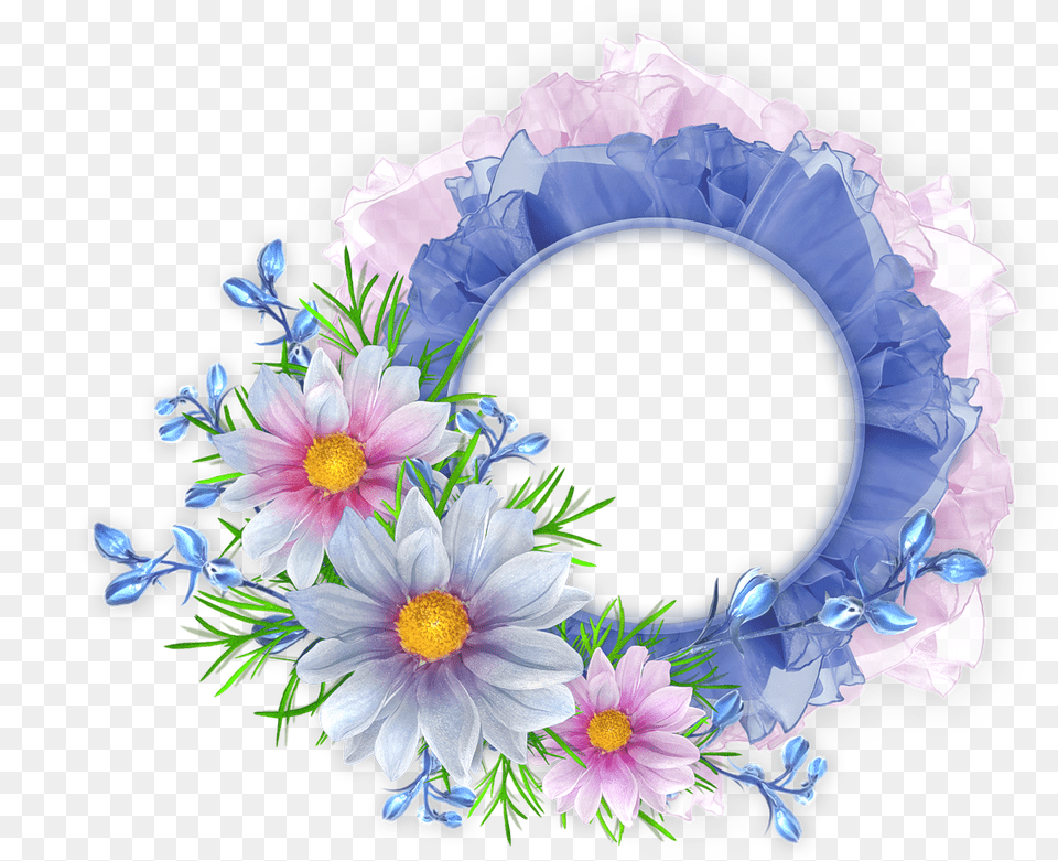 Blue And Pink Round Transparent Frame With Flowers Rmeky Good Luck And All The Best, Flower, Flower Arrangement, Plant, Anemone Png