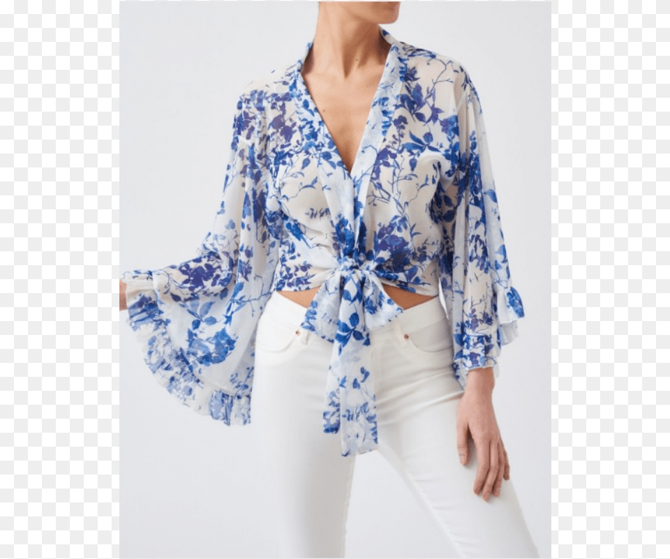 Blue And White Floral Print Sheer Wrap Blouse With Cardigan, Clothing, Adult, Female, Person Png Image