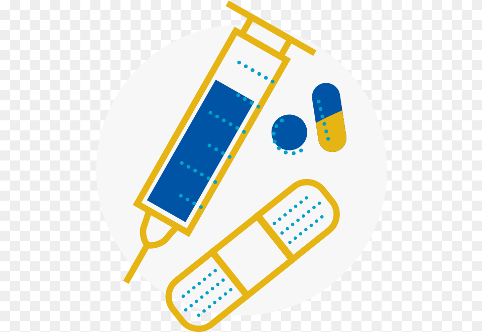 Blue And Yellow Icon Of Medical Pills And Equipment Illustration, Bandage, First Aid, Disk Png