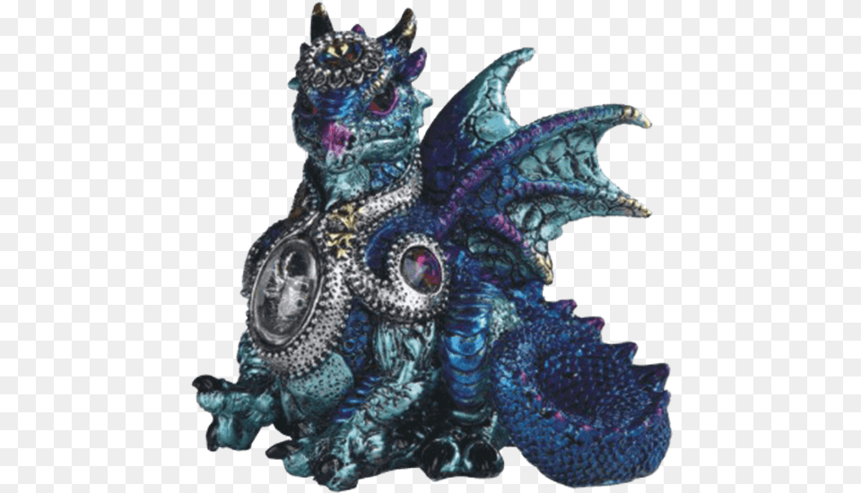 Blue Baby Dragon In Gem Armour Statue Figurine, Animal, Dinosaur, Reptile Png Image