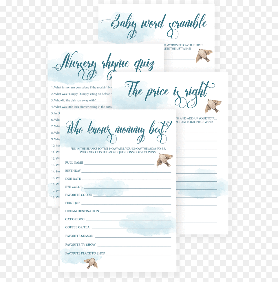 Blue Baby Shower Games Bundle Printable Pdf By Littlesizzle Baby Shower, Page, Text, Animal, Bird Png