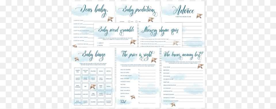 Blue Baby Shower Games Printables With Watercolor Clouds Watercolor Painting, Page, Text, Menu Free Transparent Png