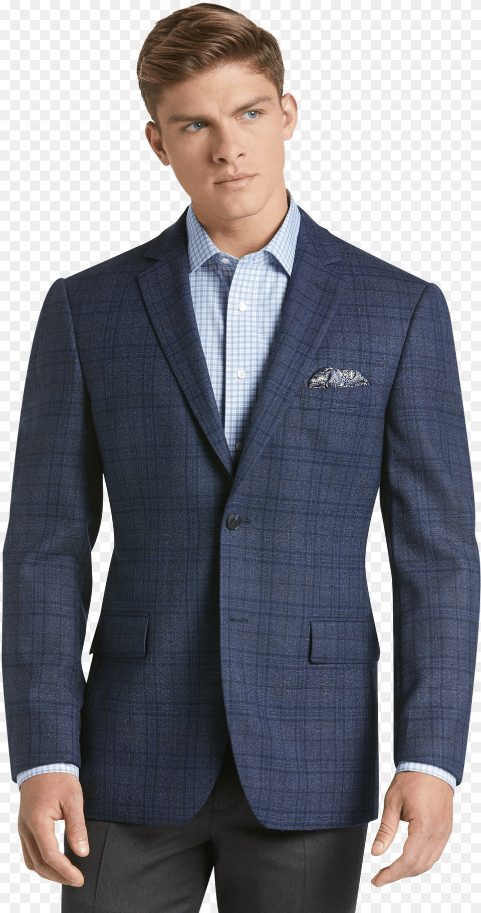 Blue Blazer For Men Pic Jos A Bank Traveler Blue Plaid Suit, Clothing, Coat, Formal Wear, Jacket Png