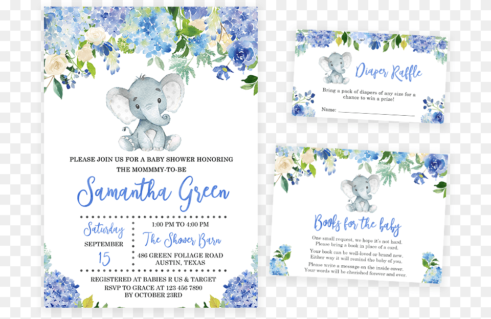 Blue Elephant Floral Baby Shower Invitation Pack Baby Shower Invitations Writing Elephant, Advertisement, Poster, Rose, Flower Free Transparent Png