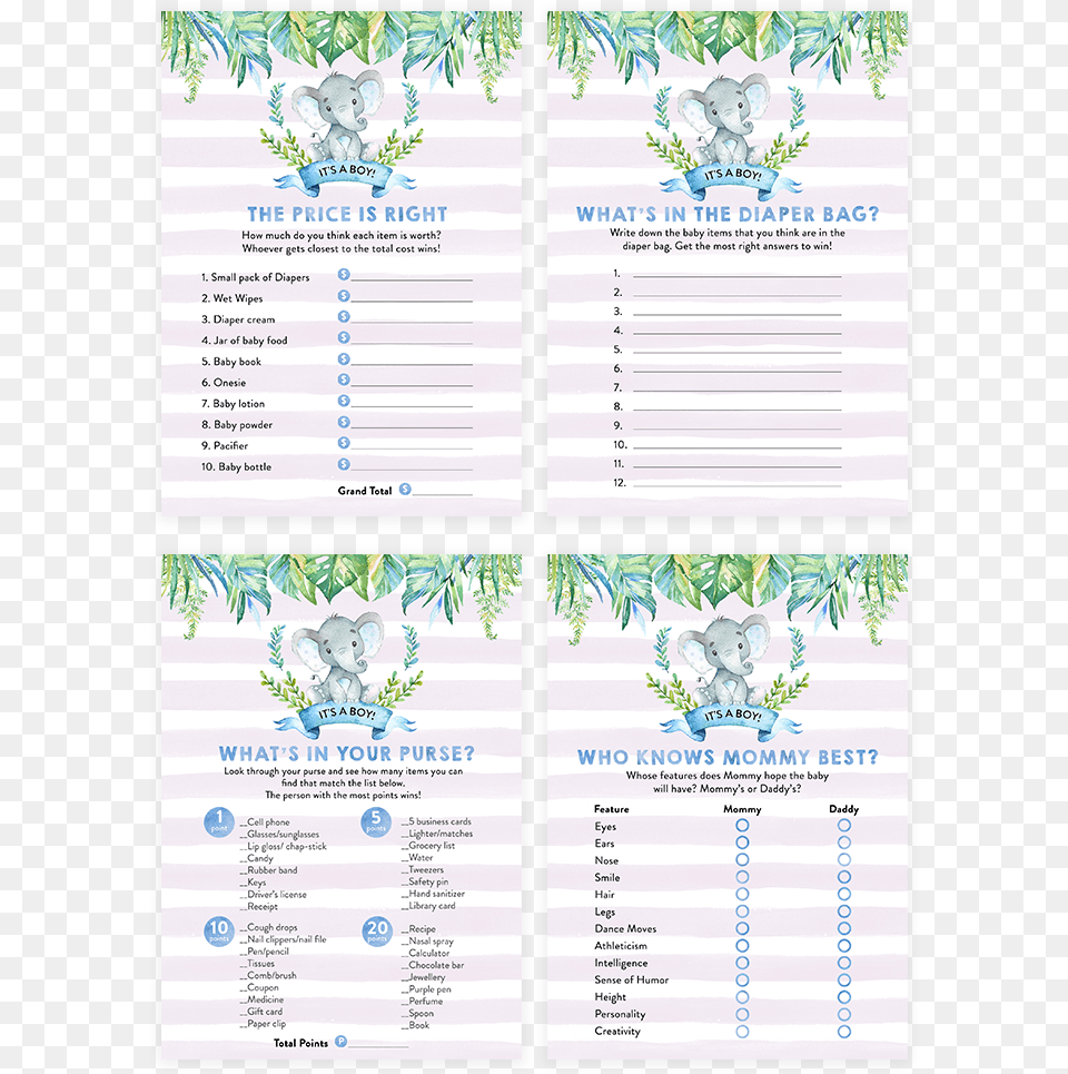 Blue Elephant Safari Baby Shower Game Pack Baby Shower, Page, Text, Menu Png