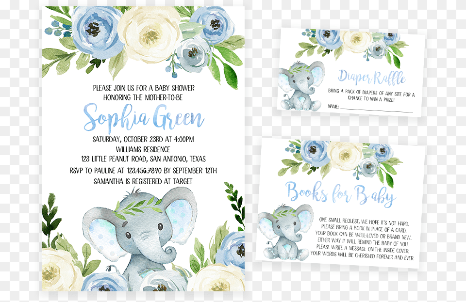 Blue Floral Elephant Baby Shower Invitation Pack Baby Shower Welcome Sign, Advertisement, Poster, Paper, Text Free Png