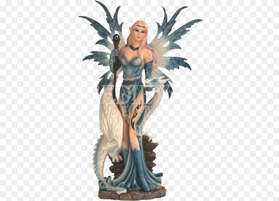 Blue Ice Fairy With Staff And Ice Dragon On Rock Fantasy, Figurine, Angel, Adult, Female Free Transparent Png